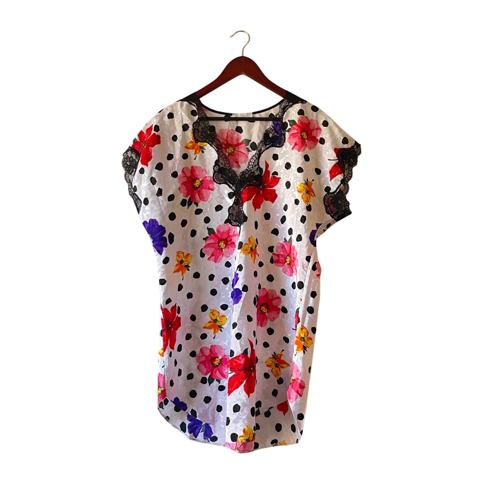 Vintage Lucie‎ Ann II White Floral Polka Dot Lace Trim Nightgown USA Made large